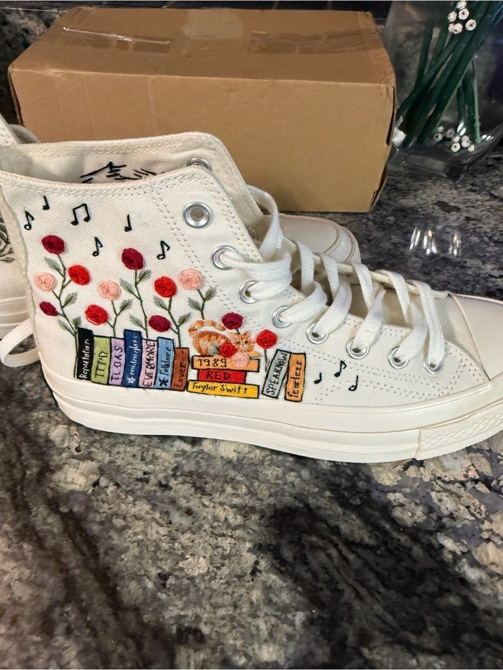 Converse White High-Top Sneakers with Hand-Painted Floral & Book Design. UNISEX - Picture 8 of 9